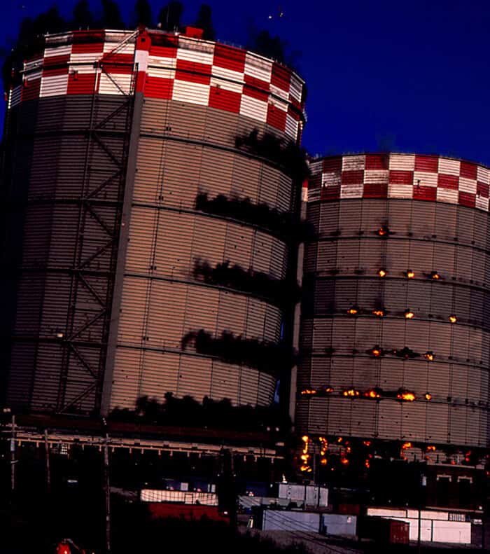Industrial structure demolition with blast vibration monitoring at night